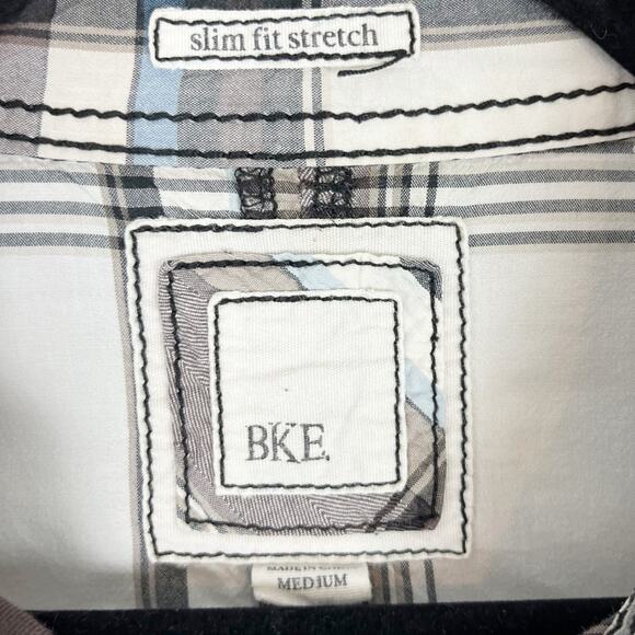 BKE Mens Casual Pearl Snap Shirt Western Plaid Slim Stretch White Gray Medium - Picture 7 of 7